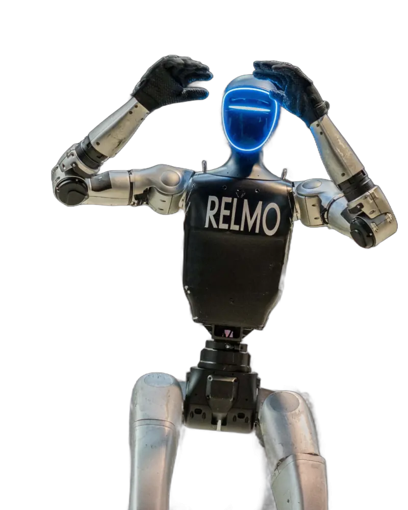 RELMO, humanoid robot for events and trade fairs, with a glowing blue face